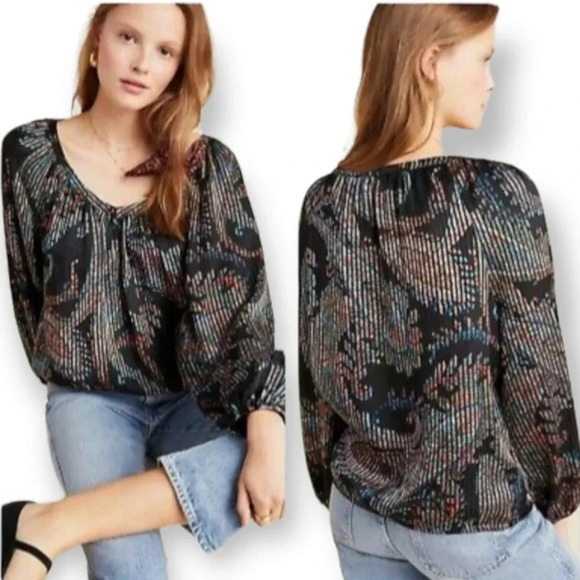 Anthropologie Maeve Madeira Boho Satin Shimmer Abstract Paisley Blouse Medium - Picture 4 of 16
